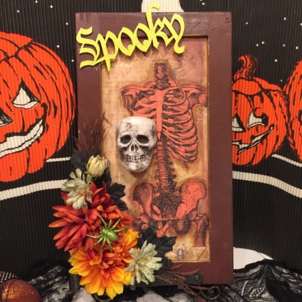 "Spooky" skeleton wall art with floral accents. - Picture 9 of 9